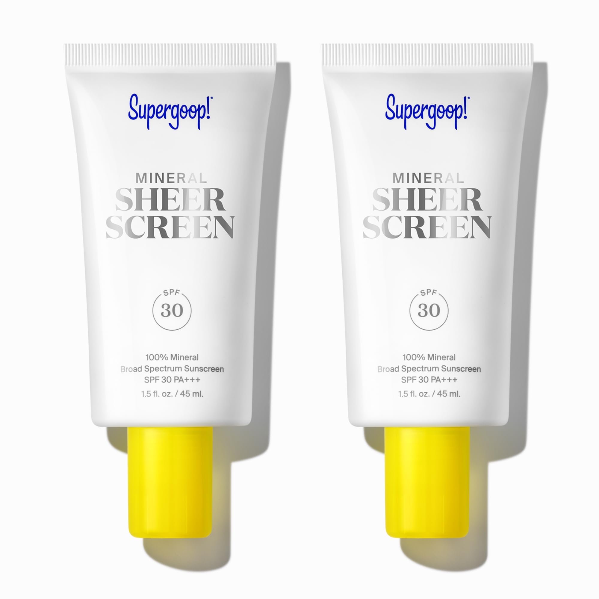 Supergoop Mineral Sheerscreen bottle shows SPF 30 for lightweight protection