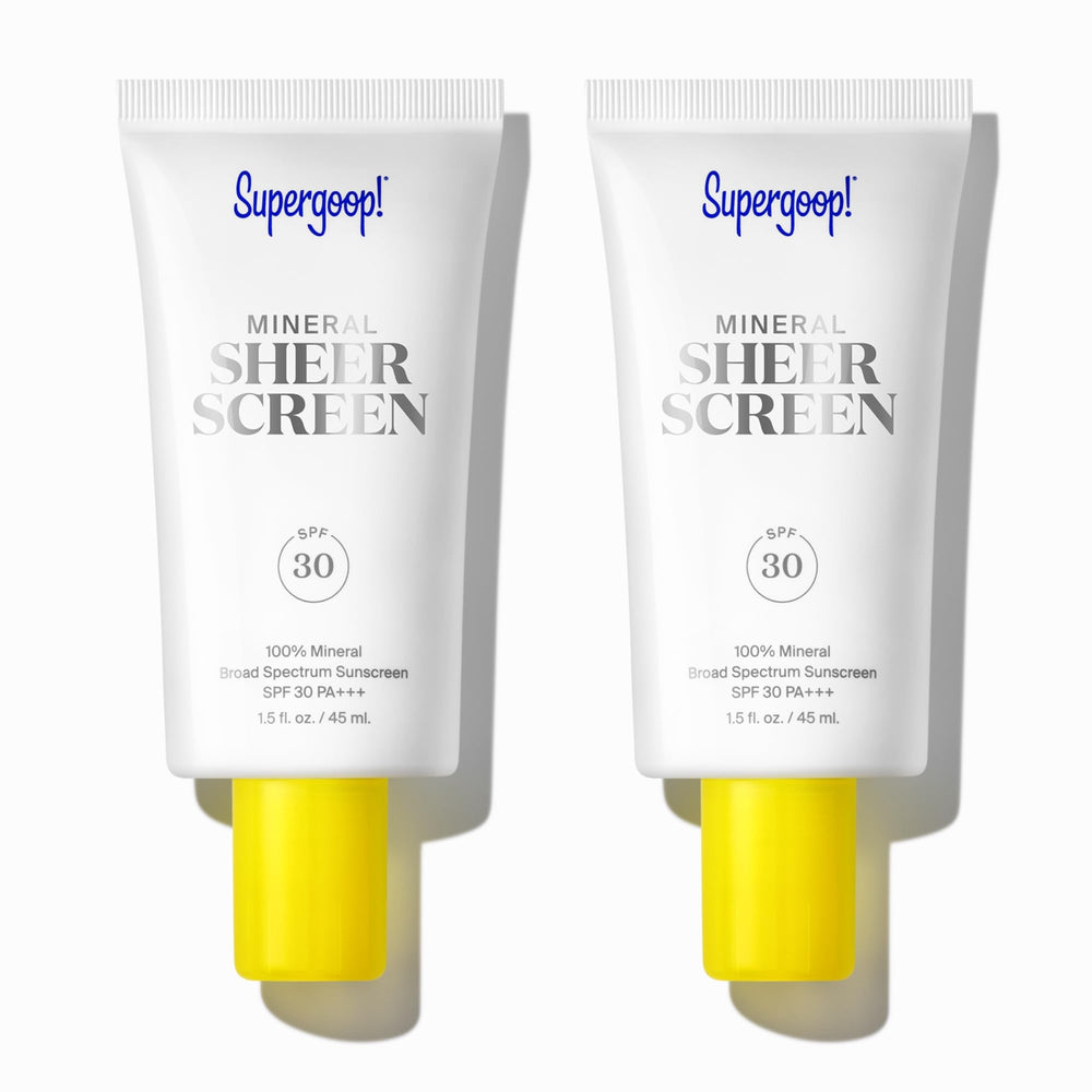 Supergoop Mineral Sheerscreen bottle shows SPF 30 for lightweight protection