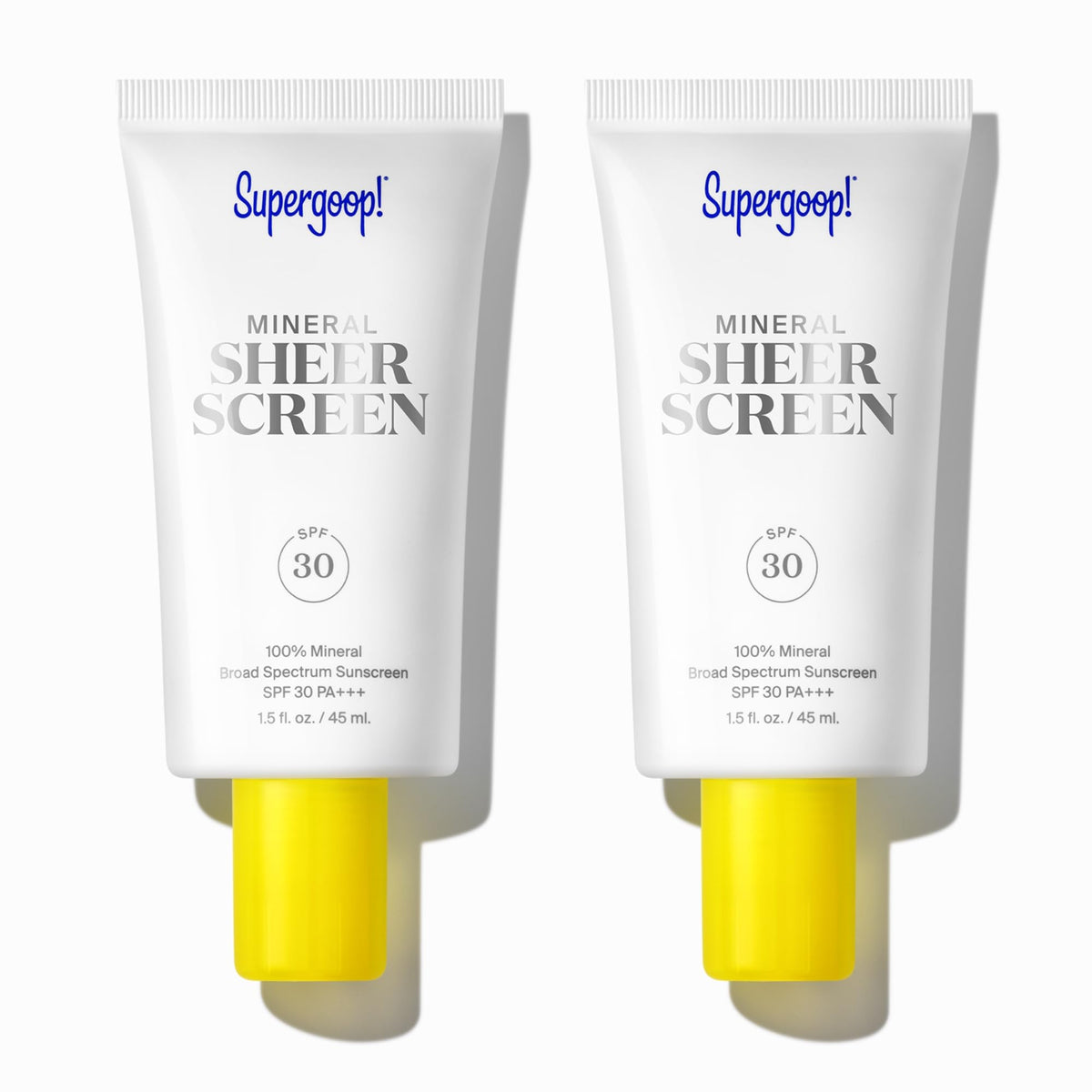 Supergoop Mineral Sheerscreen bottle shows SPF 30 for lightweight protection
