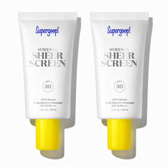Supergoop Mineral Sheerscreen bottle shows SPF 30 for lightweight protection