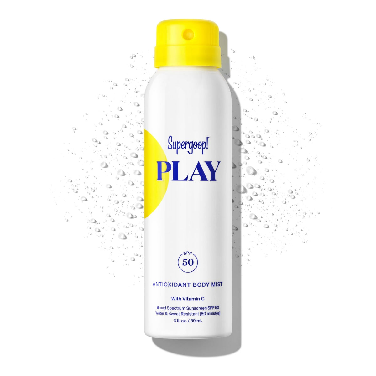 Supergoop! PLAY Antioxidant Body Mist bottle with SPF 50 for active days.