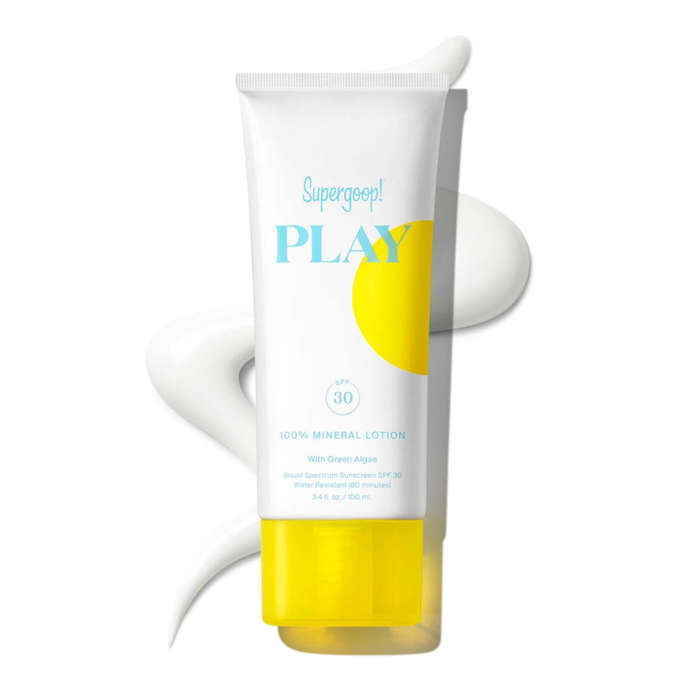 Supergoop! PLAY Mineral Lotion bottle closeup showing lightweight sunscreen protection