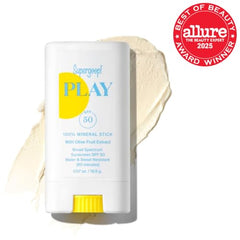 Compact packaging of Supergoop PLAY Mineral Stick SPF 50 for easy touch-ups