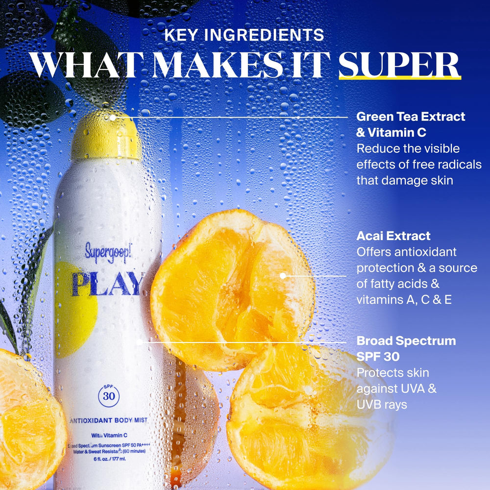 Supergoop PLAY SPF 30 body mist ocean splash evokes outdoor use.