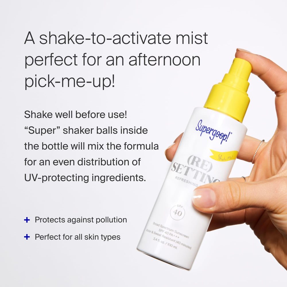 Supergoop! Re setting refreshing mist spray action replays UV protection throughout the day.