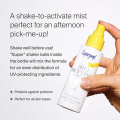 Supergoop! Re setting refreshing mist spray action replays UV protection throughout the day.