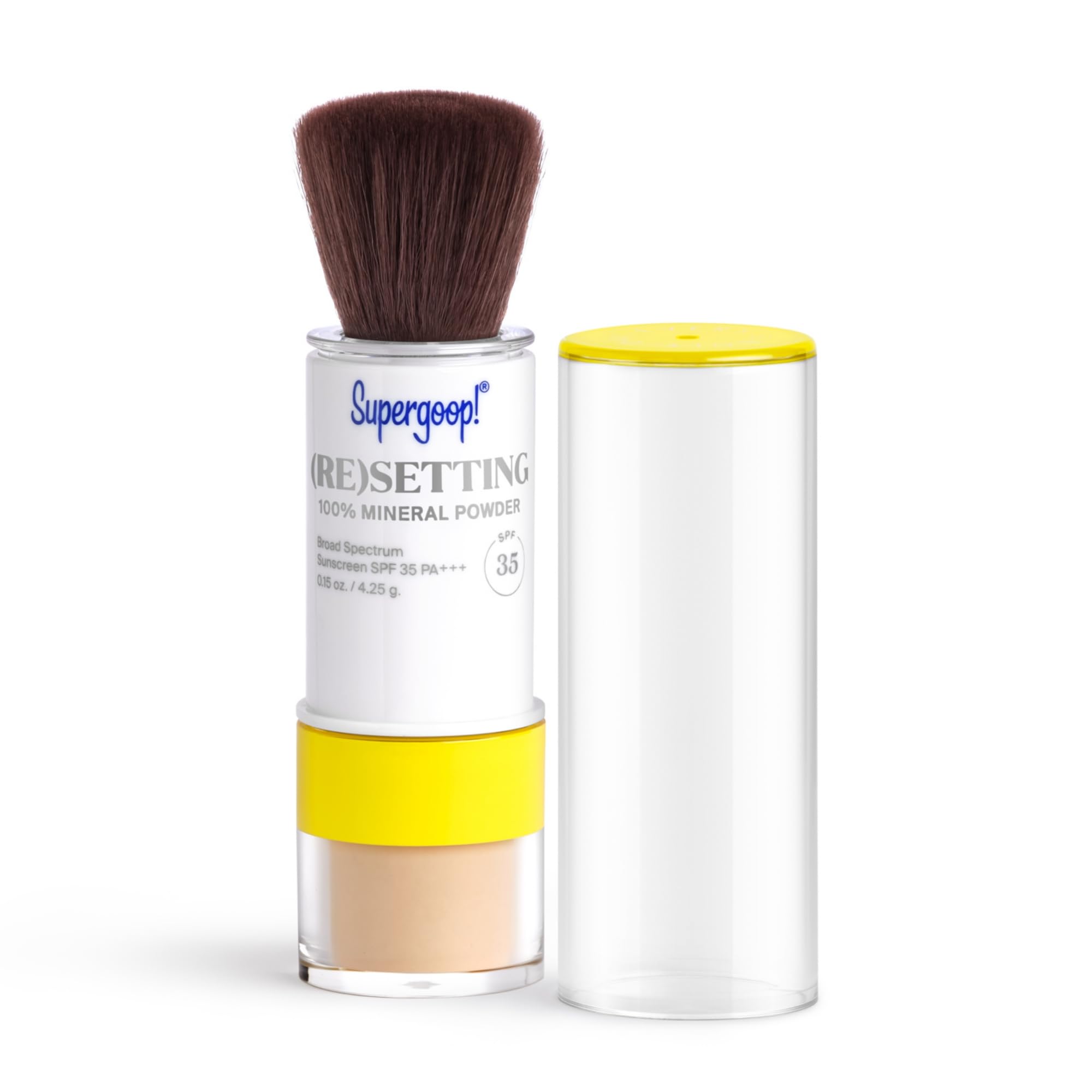 Supergoop! setting powder compact open for on-the-go SPF touch-ups and makeup setting.