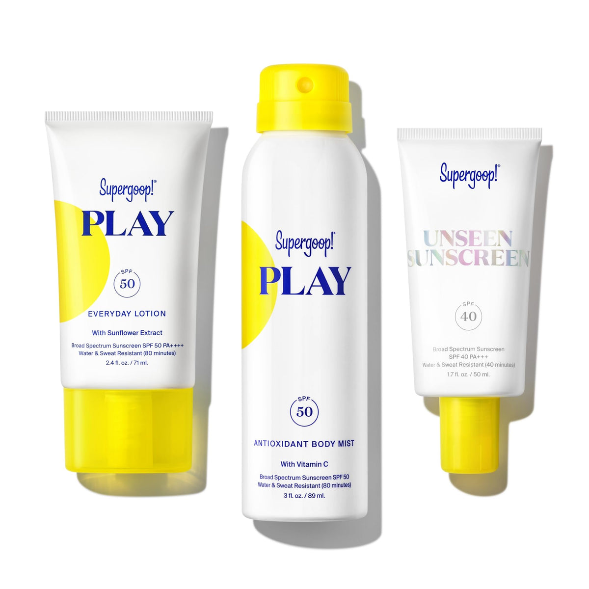 Supergoop Play Everyday Lotion bottle close-up showing lightweight, non-sticky sun protection