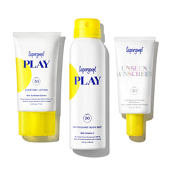 Supergoop Play Everyday Lotion bottle close-up showing lightweight, non-sticky sun protection