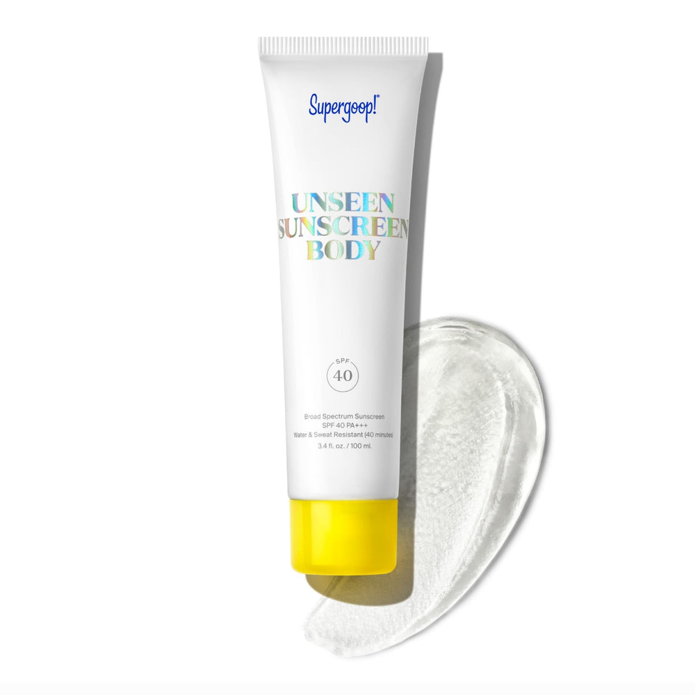 Supergoop! Unseen Sunscreen Body shows clear application for invisible SPF 40 protection.