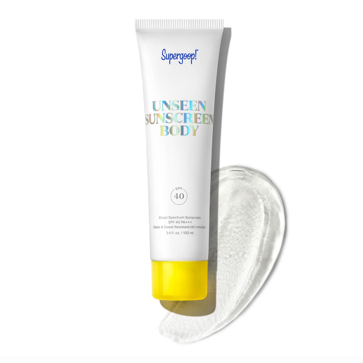 Supergoop! Unseen Sunscreen Body shows clear application for invisible SPF 40 protection.