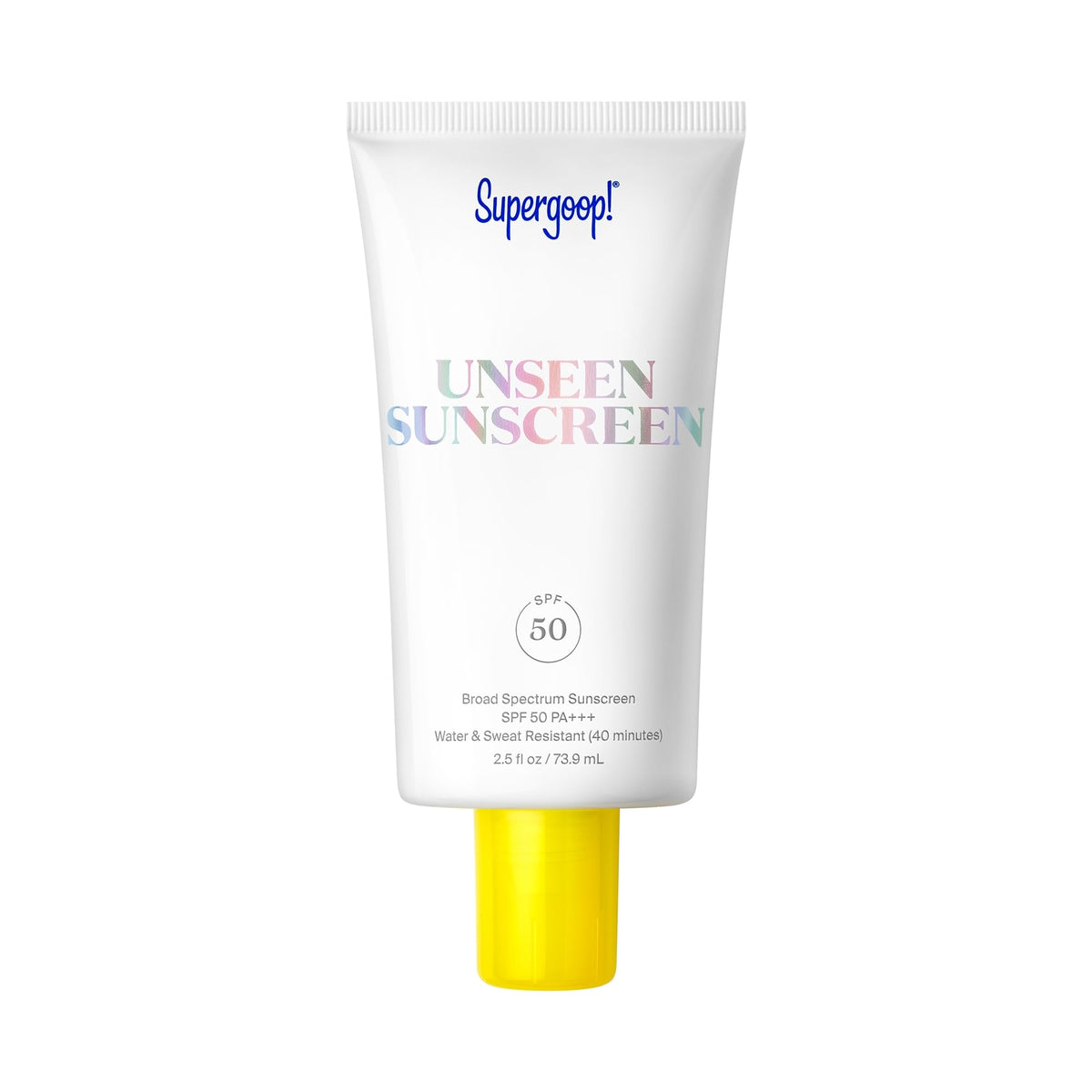 Supergoop Unseen Sunscreen bottle close-up shows a weightless, invisible finish.