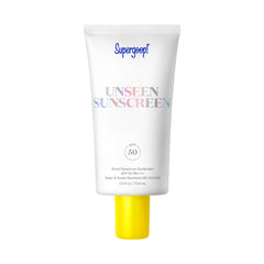 Supergoop Unseen Sunscreen bottle close-up shows a weightless, invisible finish.