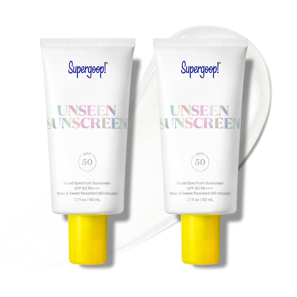 Supergoop! Unseen Sunscreen bottle front view showing clear, invisible protection.