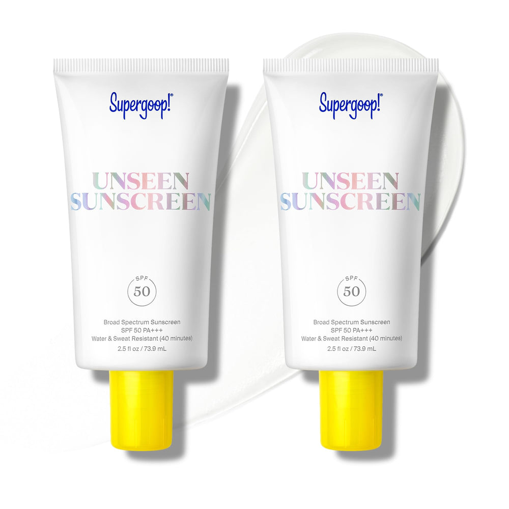 Supergoop Unseen Sunscreen bottle front showing weightless SPF protection.