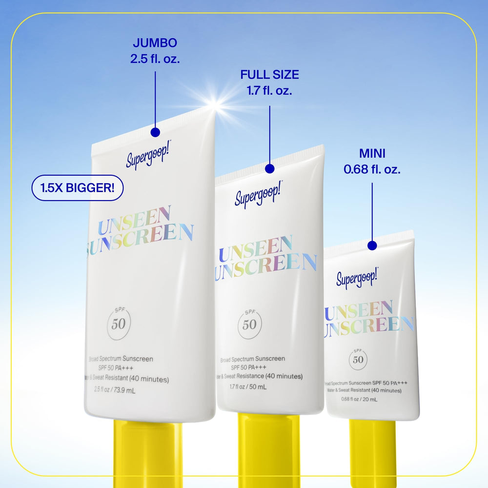 Supergoop Unseen Sunscreen bottle with makeup-ready finish visuals.