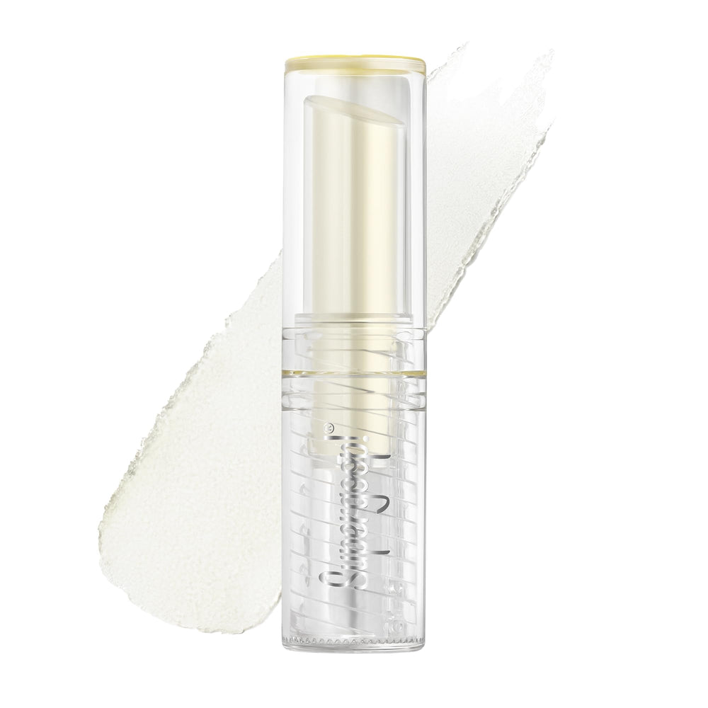 Supergoop Unseen Lip Protector balm application shows invisible SPF 30 and lip moisture.