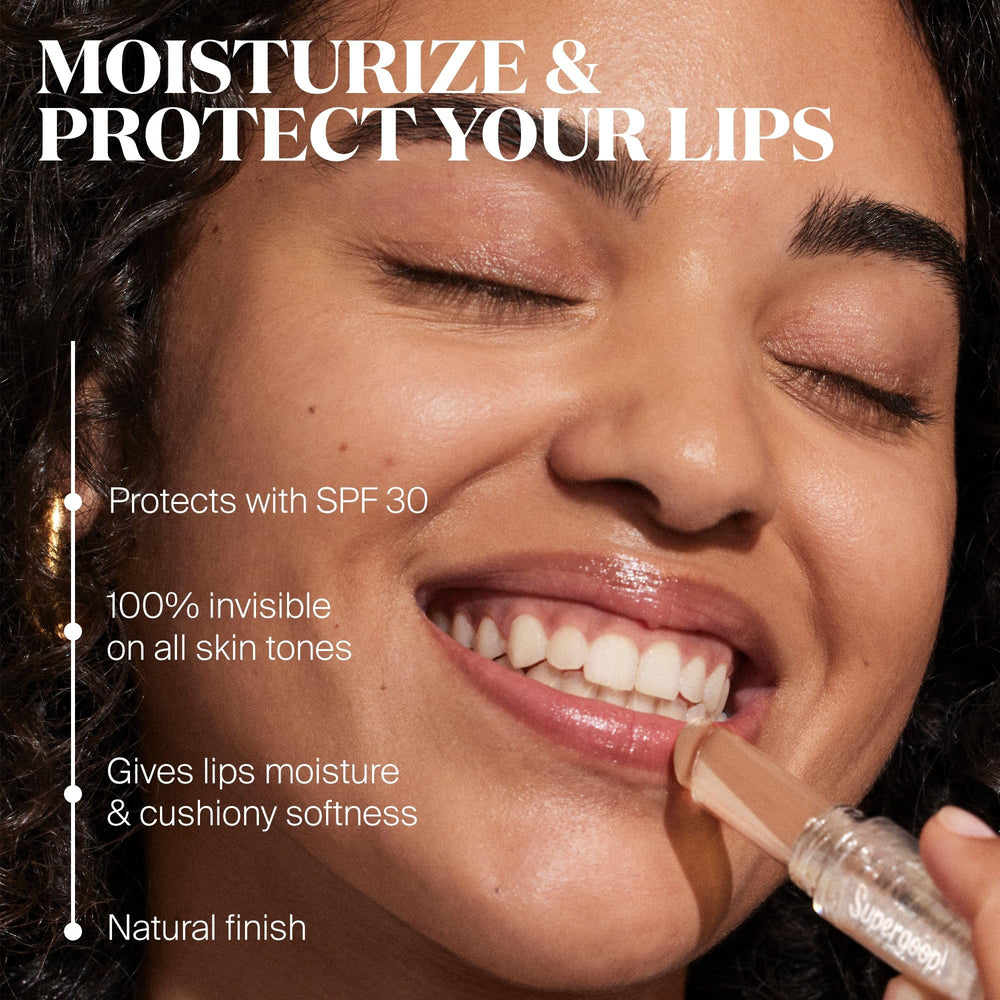 Supergoop Unseen Lip Protector-packaging closeup highlights lightweight, natural finish protection.