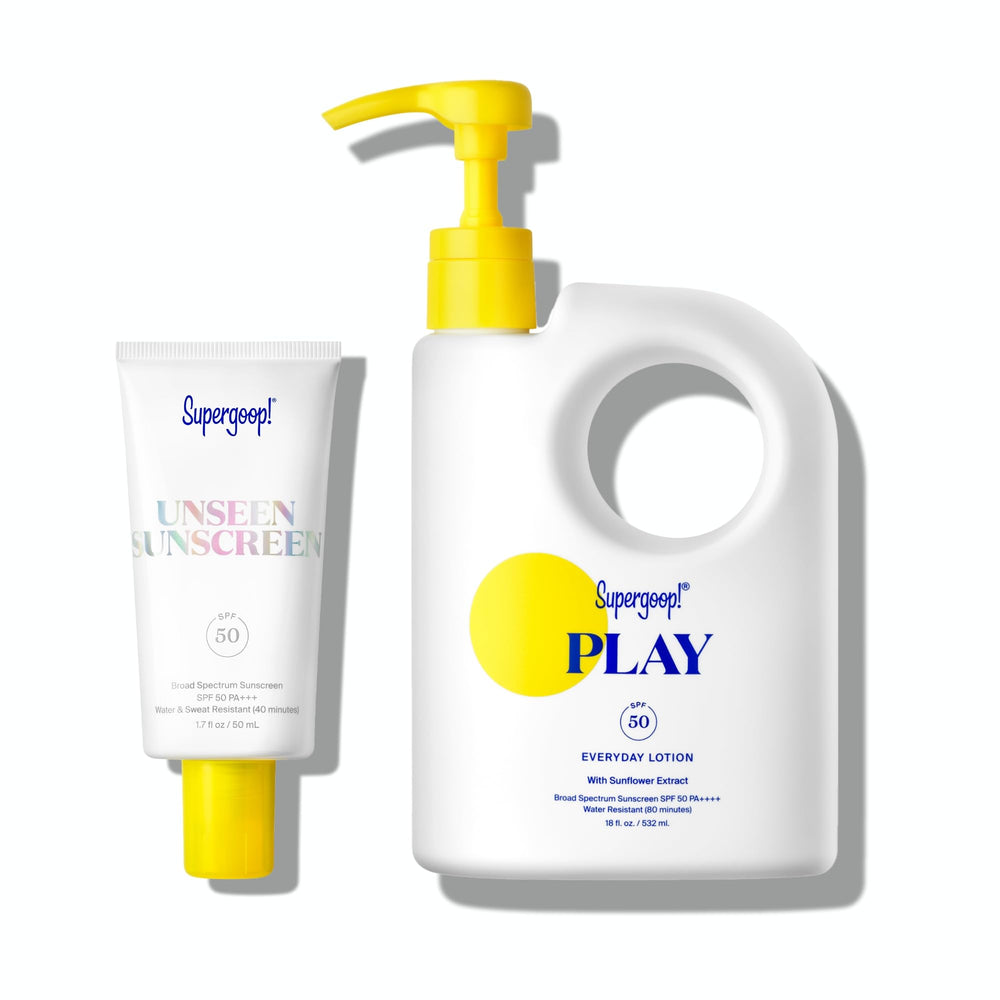 Supergoop Unseen Sunscreen face bottle shows an invisible finish that blends seamlessly.