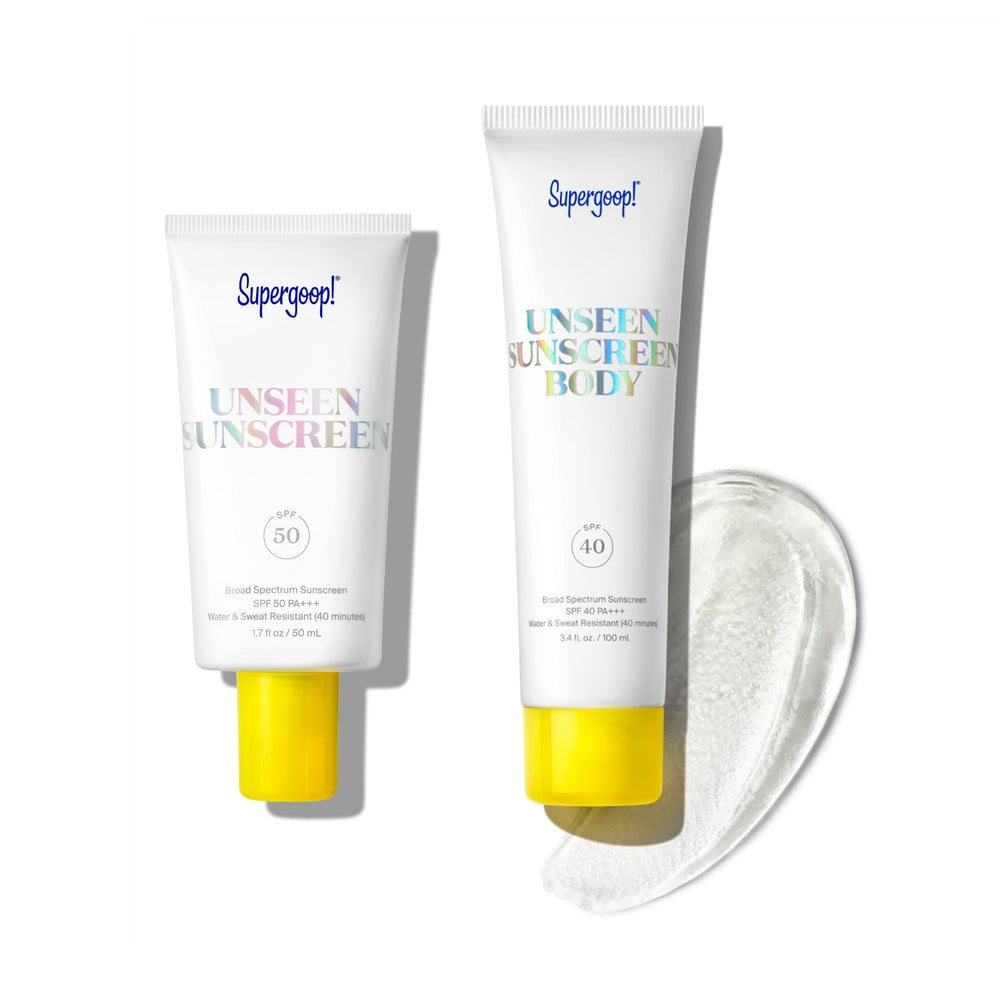 Supergoop! Unseen Sunscreen Face bottle shows invisible SPF 50 that doubles as a makeup primer.