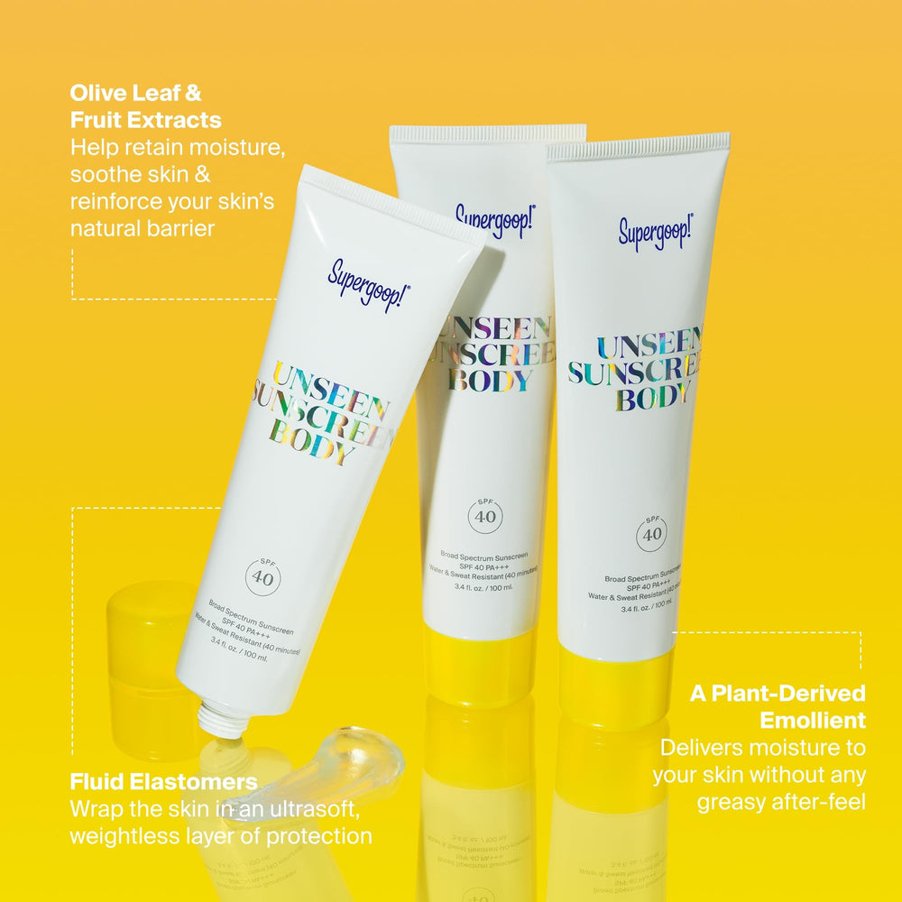 Body Unseen Sunscreen emphasizes non-greasy, scentless coverage for active days.