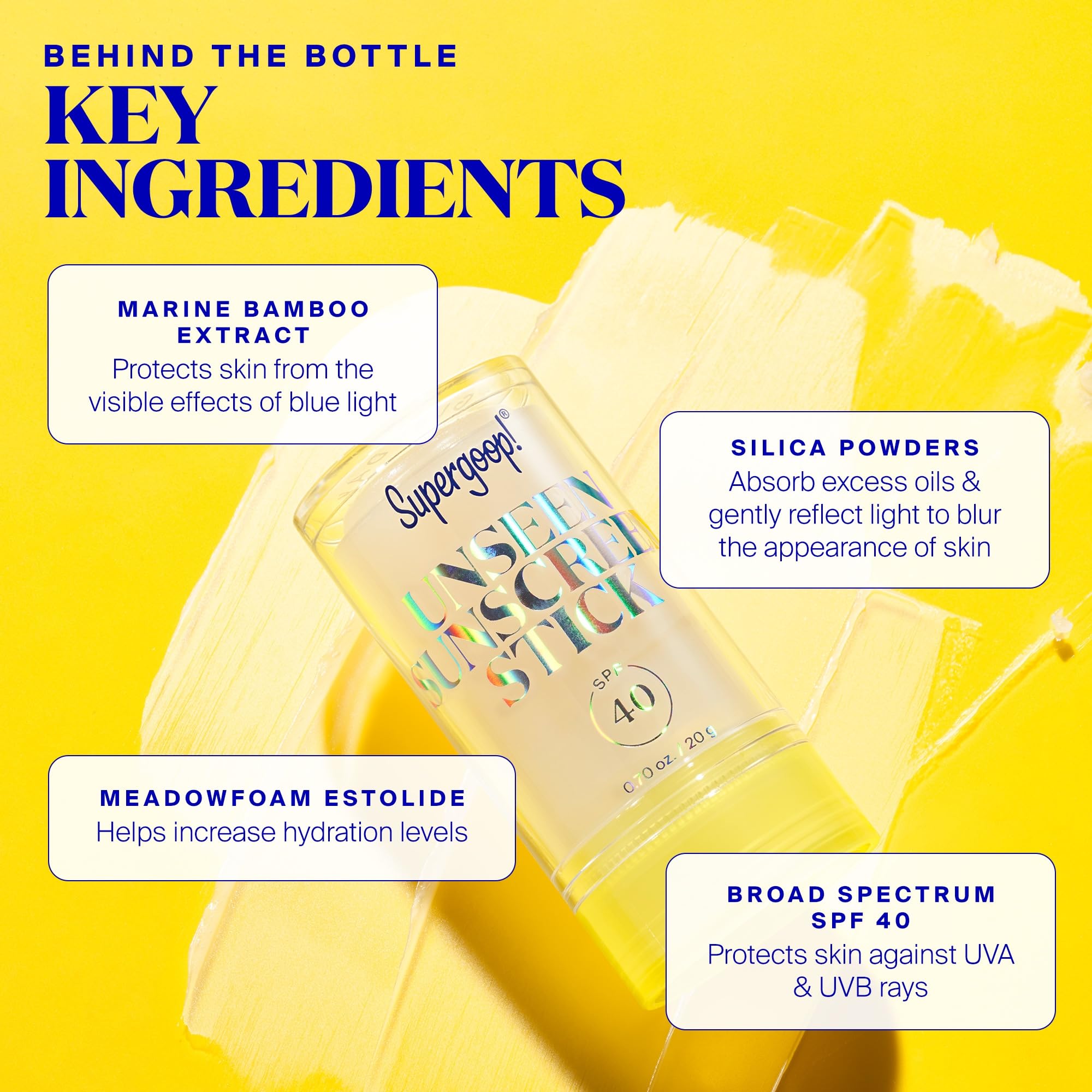 Blue light protection concept for Supergoop! Unseen Sunscreen Stick with Marine Bamboo Extract.