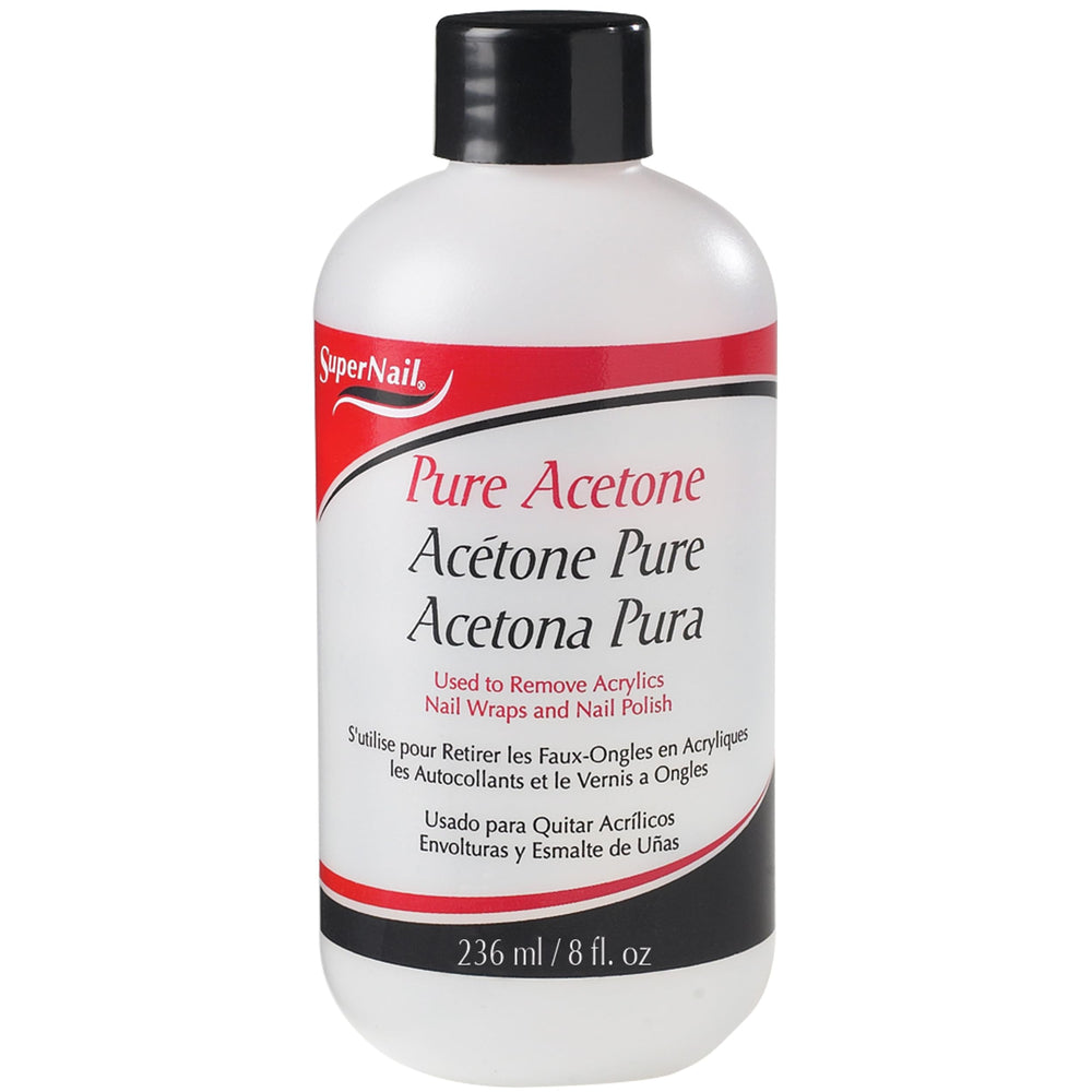 SuperNail Pure Acetone remover bottle close-up for quick polish removal.