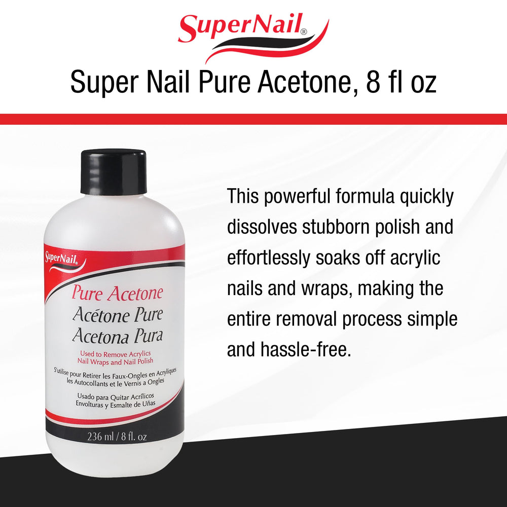 SuperNail Pure Acetone in-use scene showing gel and acrylic removal.