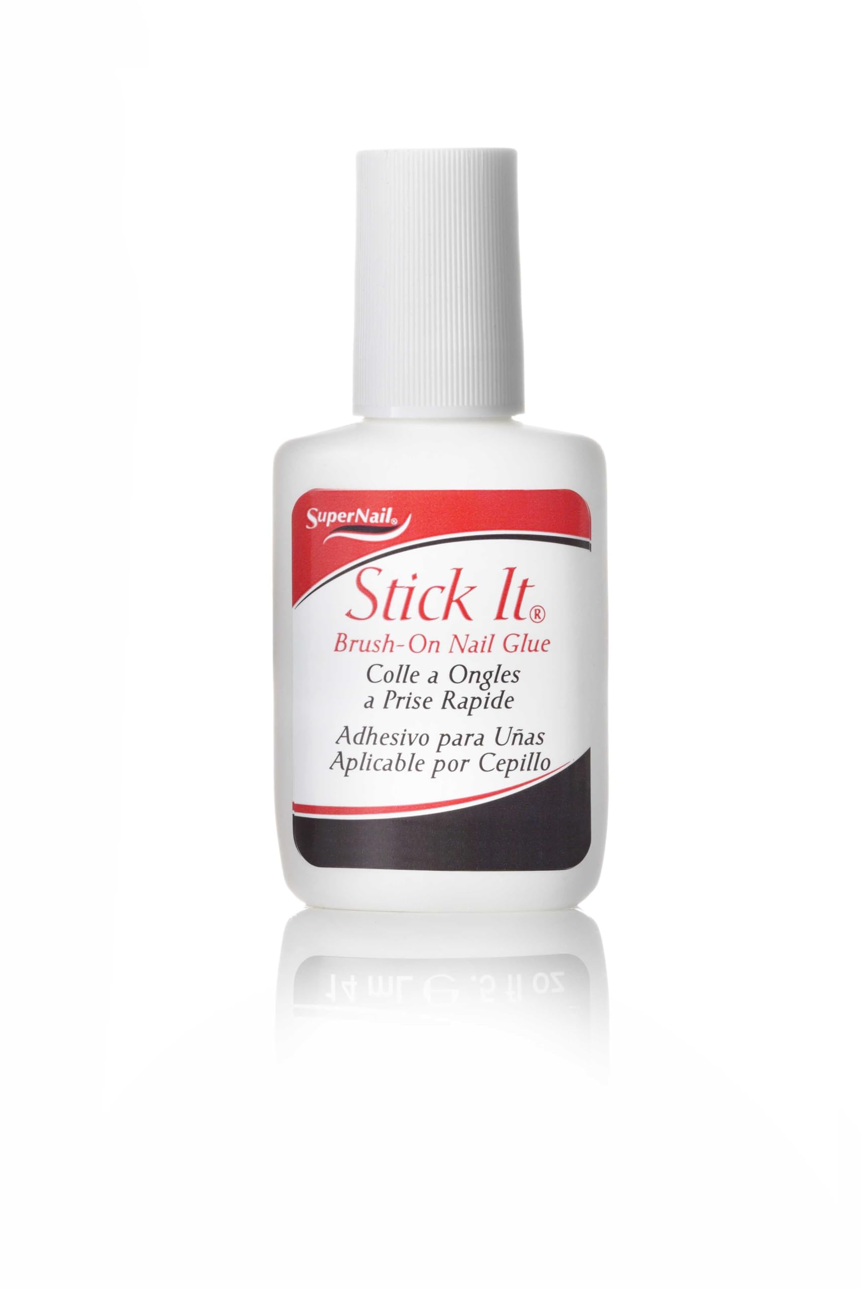 SuperNail Stick It Glue Brush-On bottle demonstrates fast-drying, precise nail work