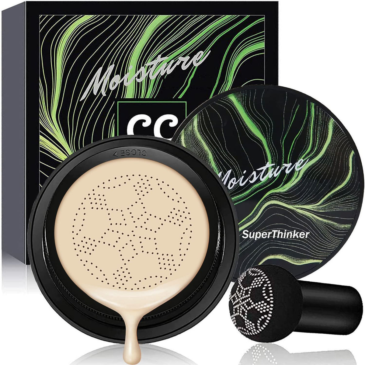 SuperThinker air cushion CC cream bottle shows lightweight formula for daily wear