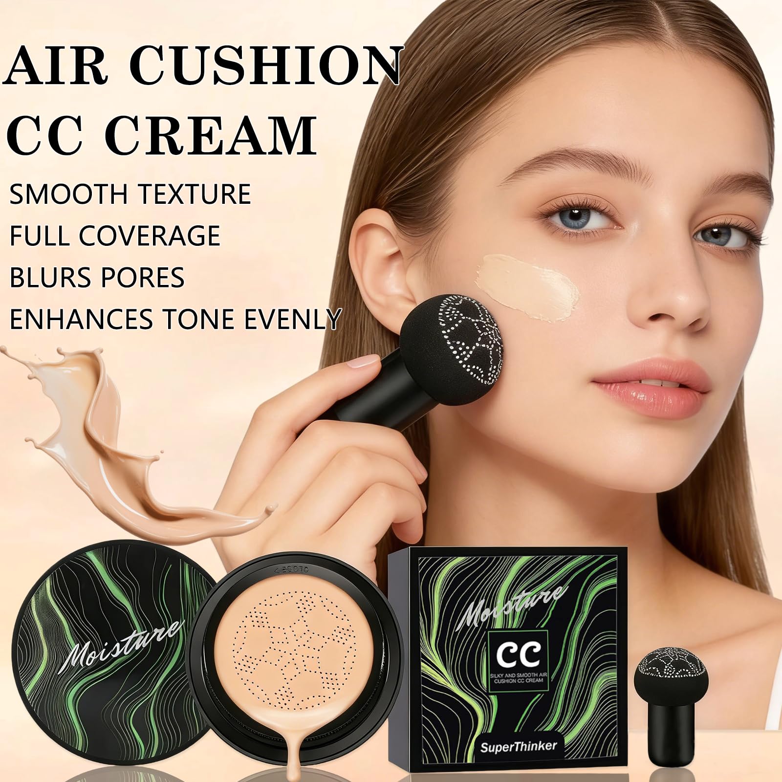 Liquid texture swatch of SuperThinker Air Cushion CC Cream for streak-free coverage.
