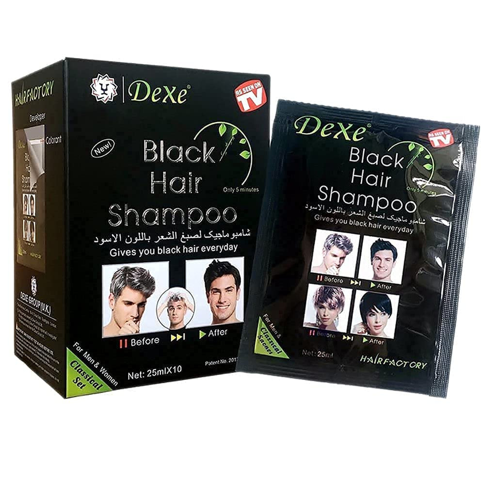 SUPGUDER Dexe Black Hair Shampoo packaging highlights convenient at-home use.
