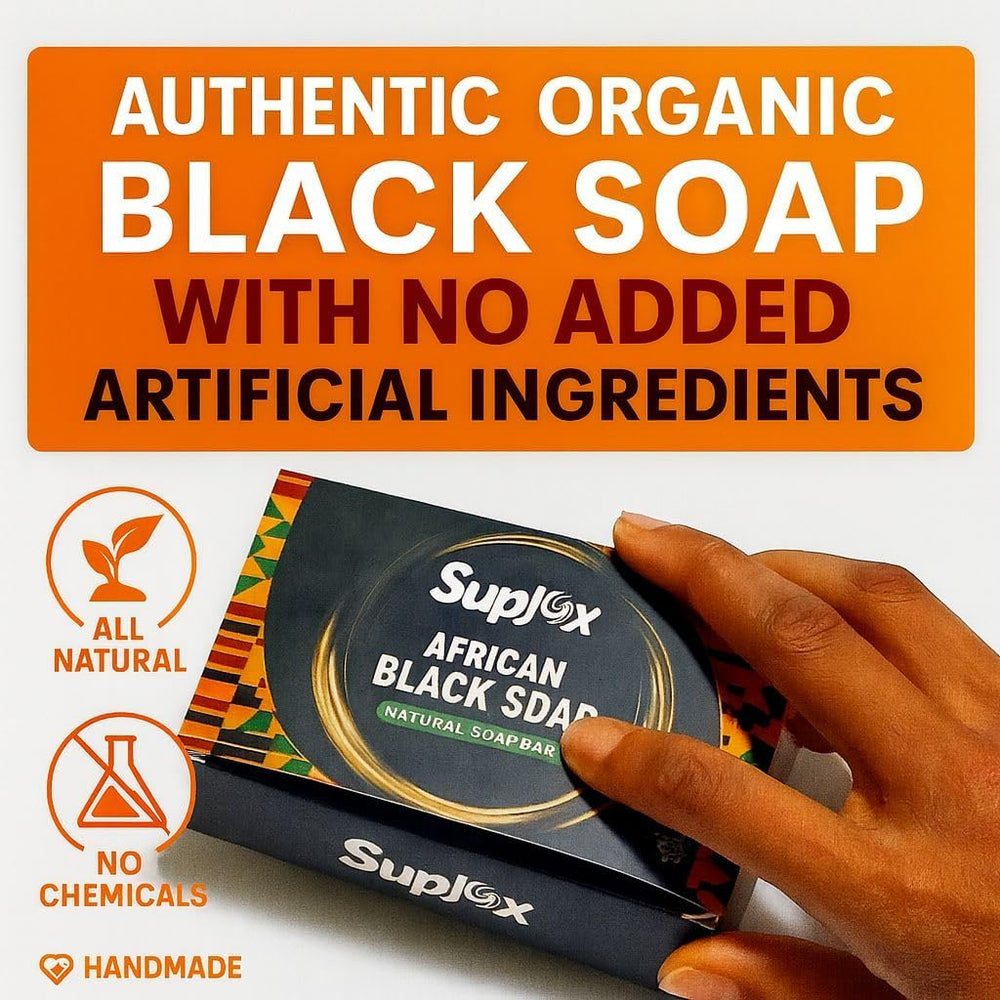 Suplox African Black Soap Bar closeup texture shows authentic Ghanaian formula
