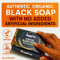 Suplox African Black Soap Bar closeup texture shows authentic Ghanaian formula