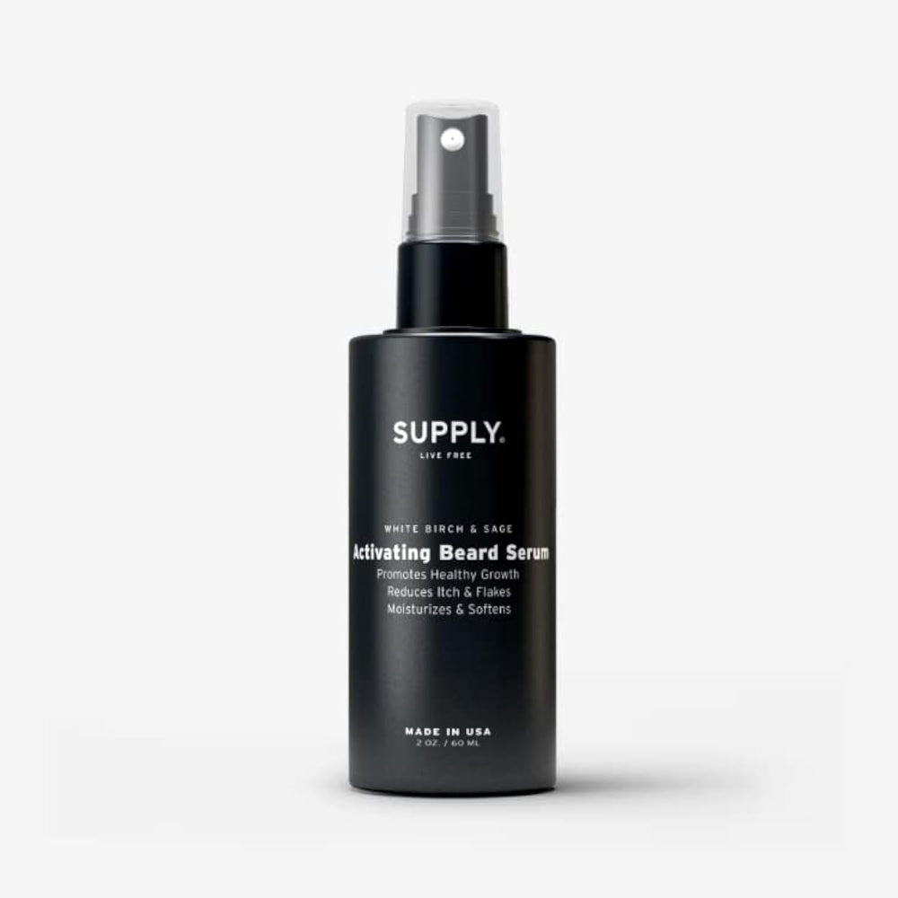 Supply Beard Serum bottle showcasing plant-based formula for fuller beard appeal