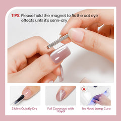 Nail polish application close-up with magnet for cat-eye effect.