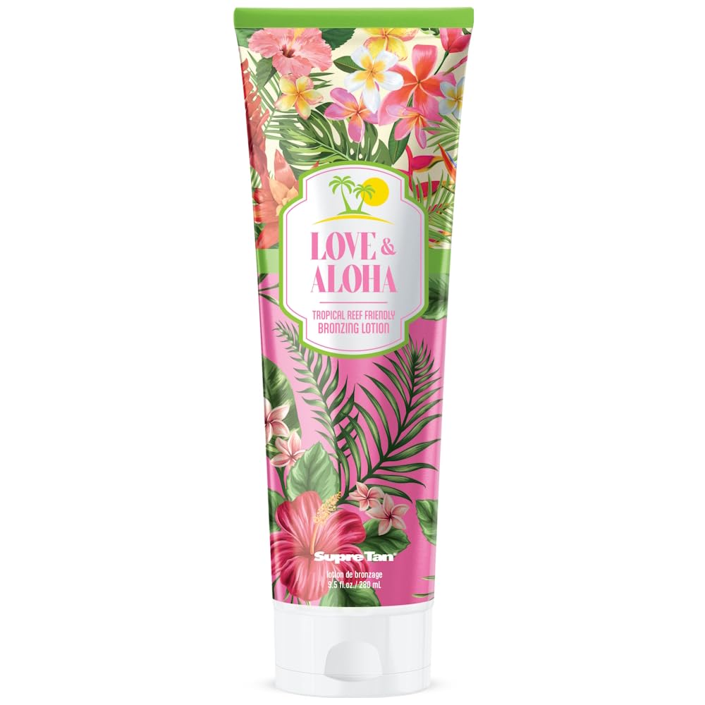 Supre Love & Aloha tropical bronzing lotion bottle for sun-kissed, reef-friendly skin