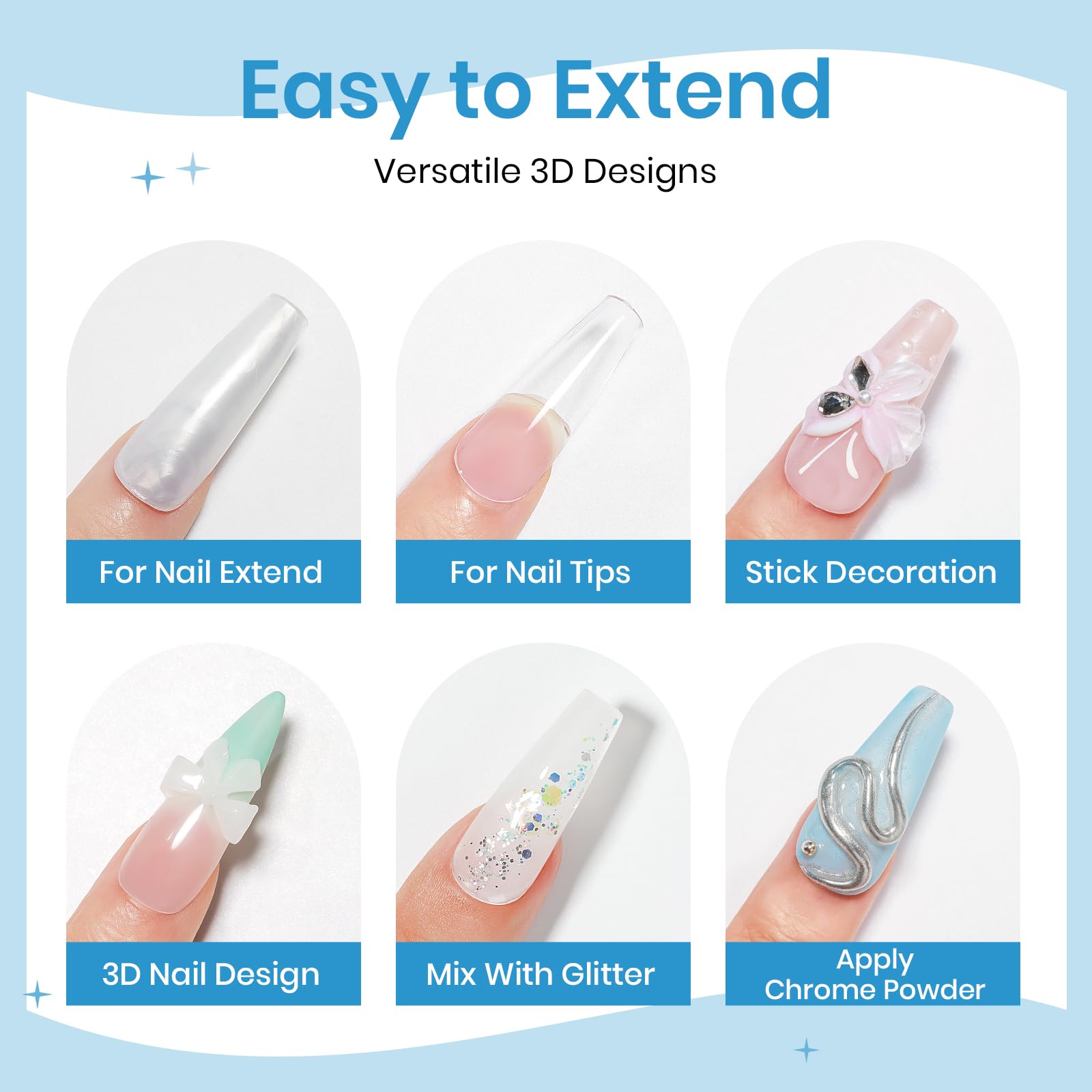 Supwee extend molds enable creating diverse 3D nail patterns.