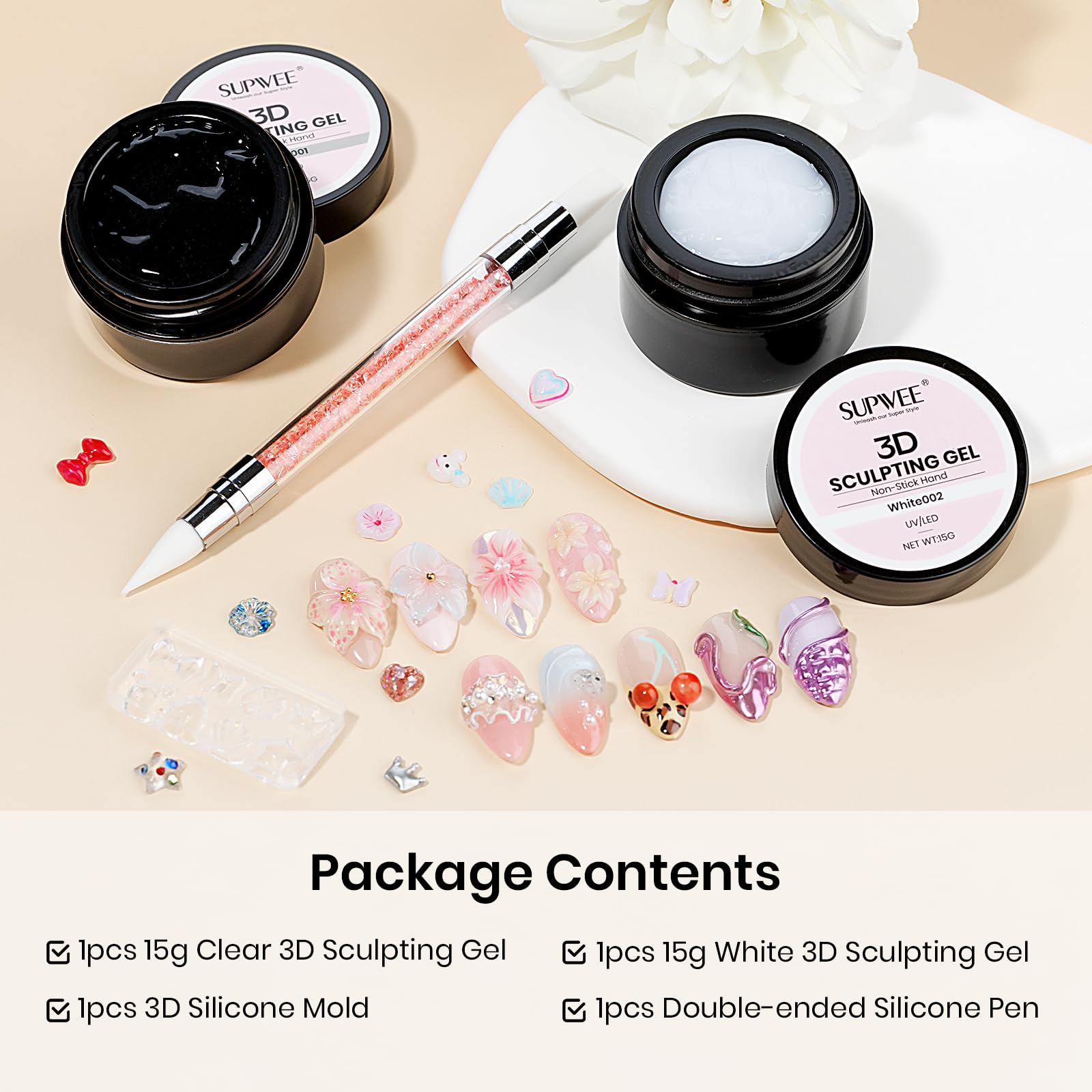 SUPWEE white 3D nail gel sculpting kit for opaque, bold accents