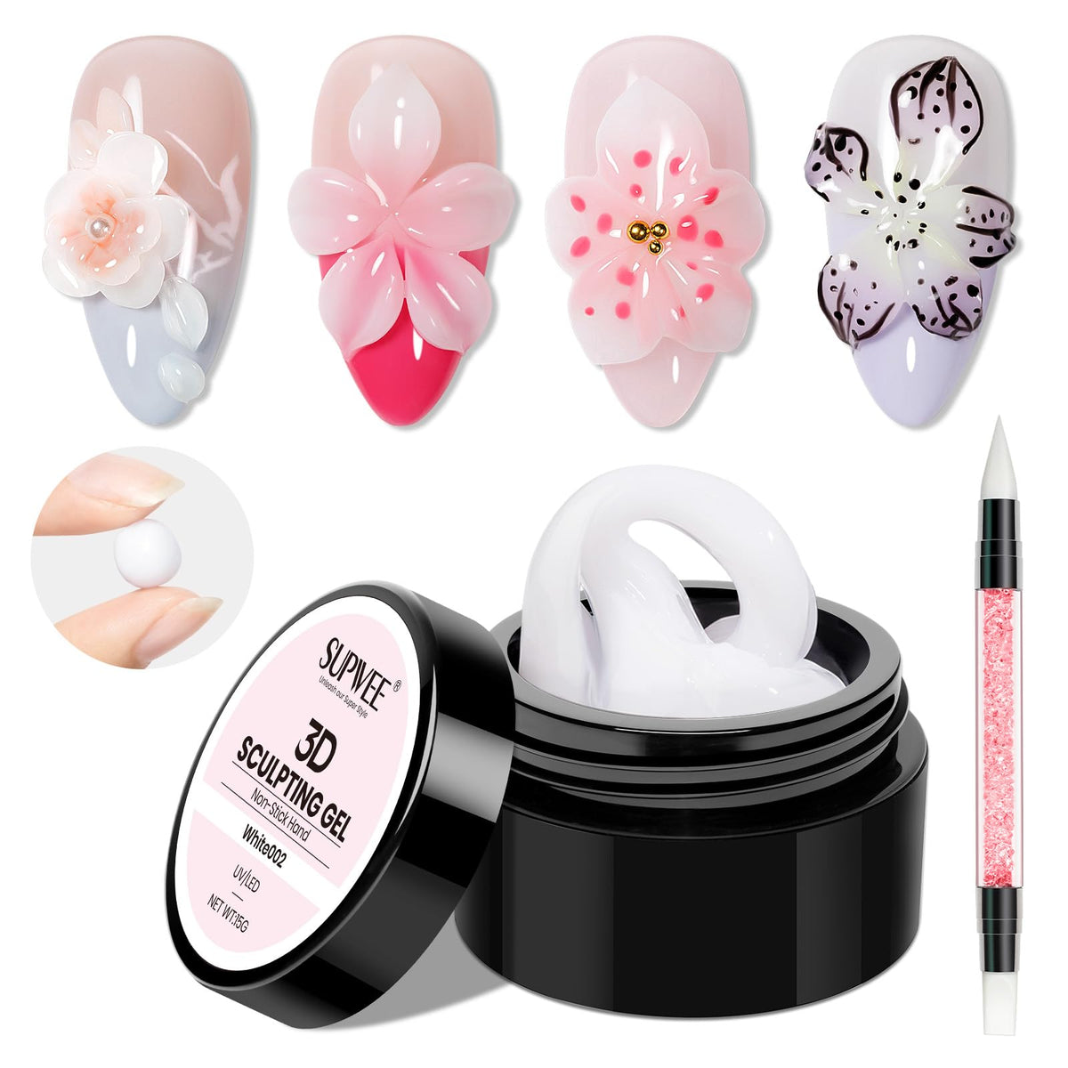 SUPWEE 3D Nail Sculpting Gel bottle shows white solid formula for at-home extensions.
