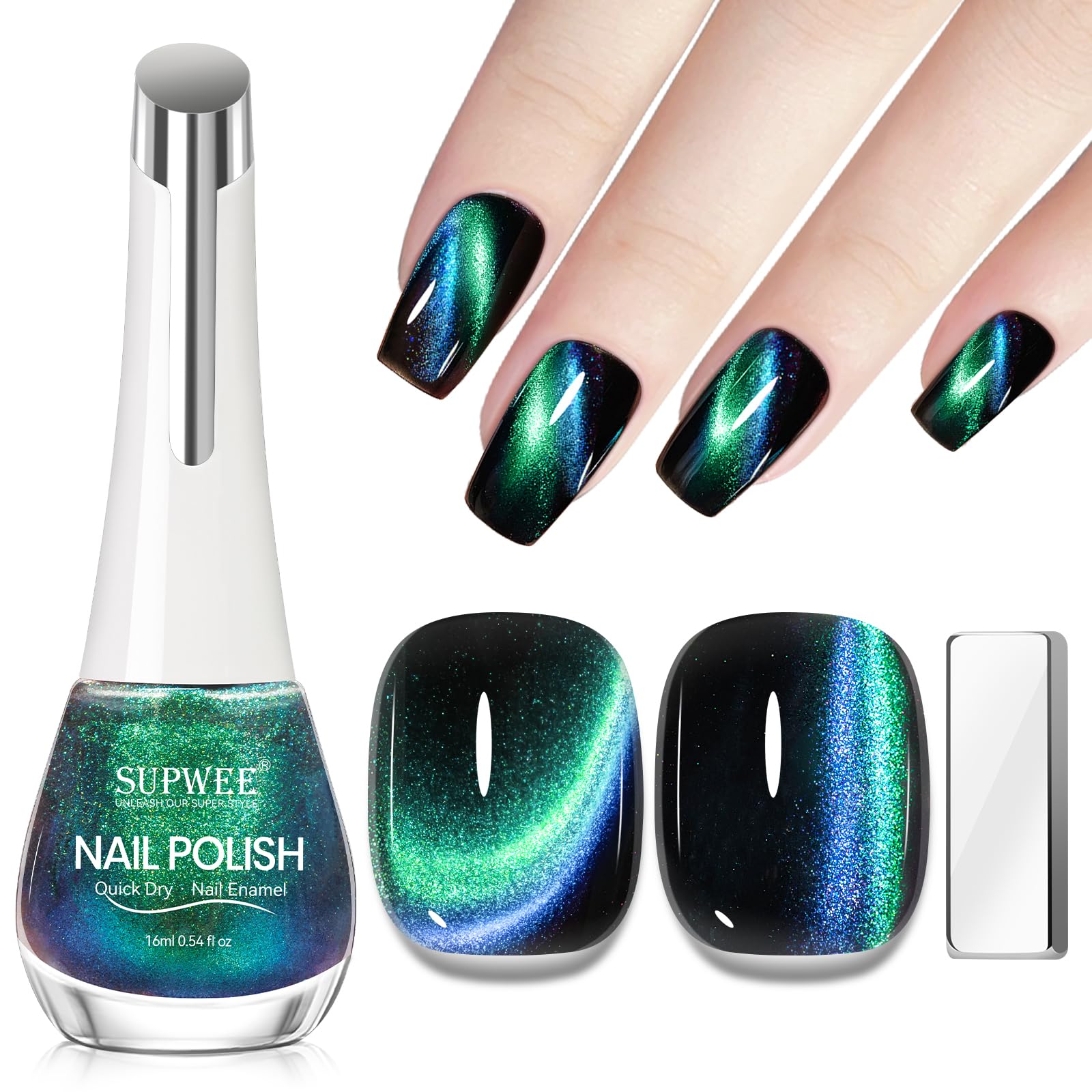 SUPWEE 9D cat eye nail polish bottle shows a green-to-blue gradient for a dramatic manicure