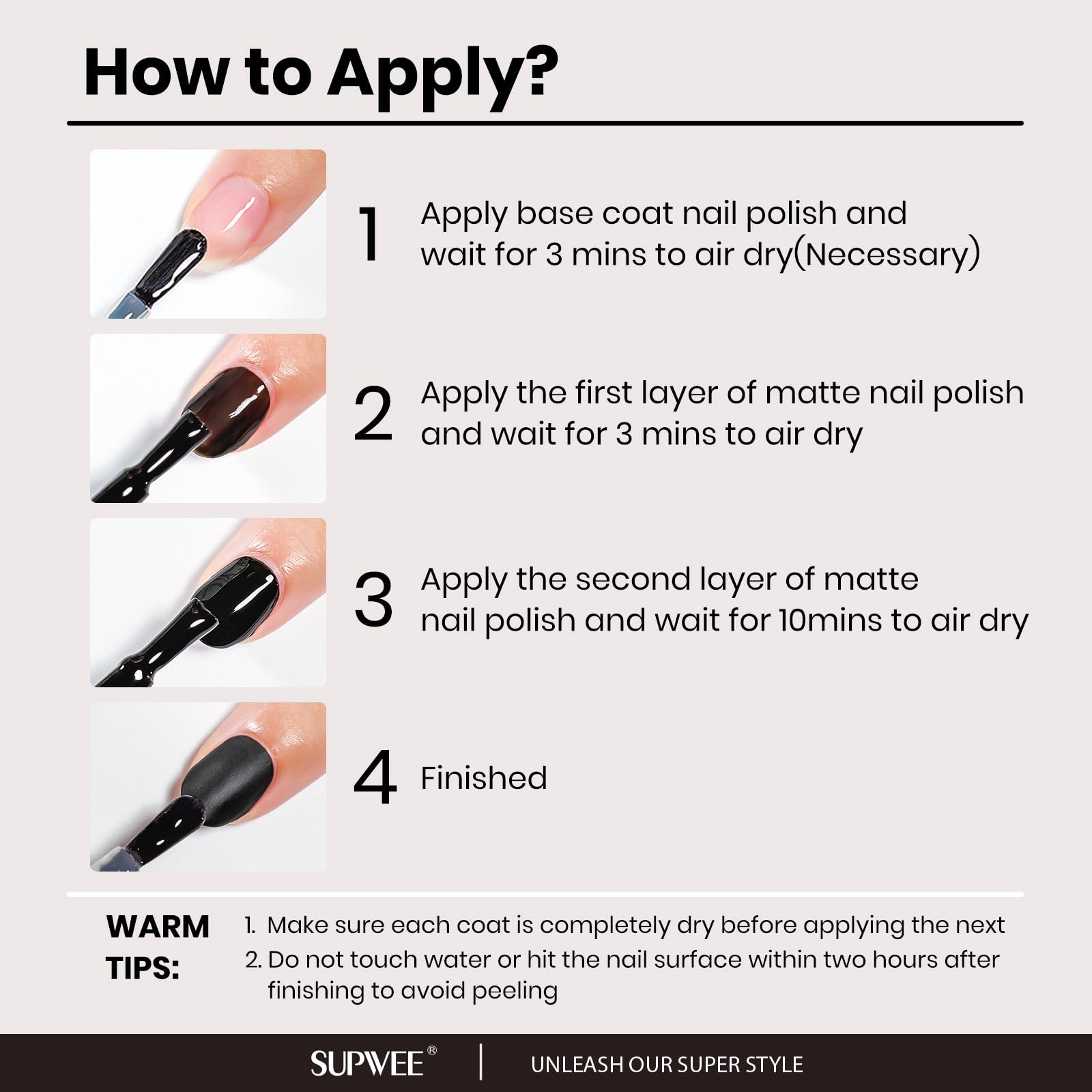 Base and top coats recommended with SUPWEE polish for durability