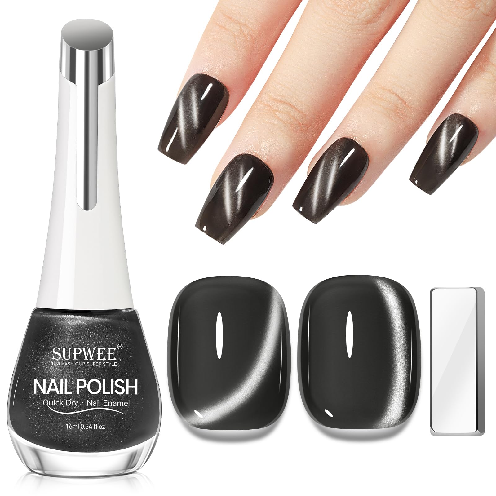 SUPWEE Black Cat Eye Nail Polish bottle shows glossy magnetic shimmer for quick DIY manicures