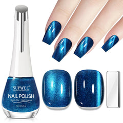 SUPWEE Blue Magnetic Nail Polish cat eye effect highlights dramatic design and quick glam.
