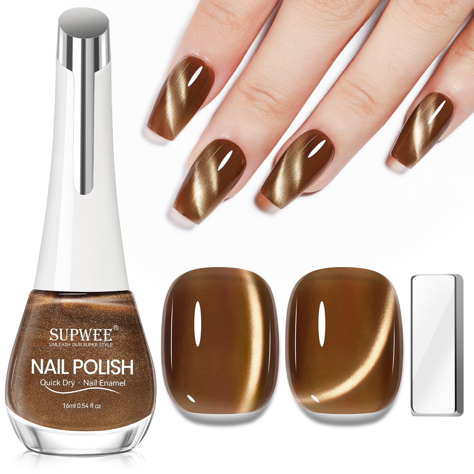 SUPWEE brown cat eye nail polish bottle showing rich color and magnetic pattern