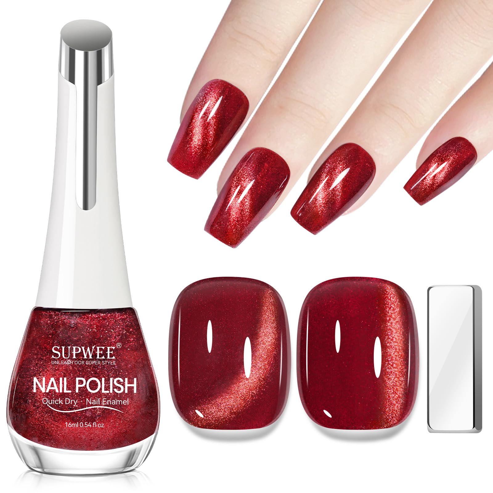 SUPWEE Burgundy Cat Eye Nail Polish highlights a shimmering burgundy finish for stylish nails.