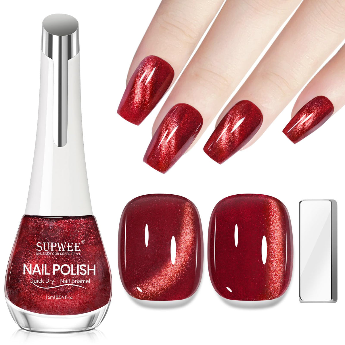 SUPWEE Burgundy Cat Eye Nail Polish highlights a shimmering burgundy finish for stylish nails.