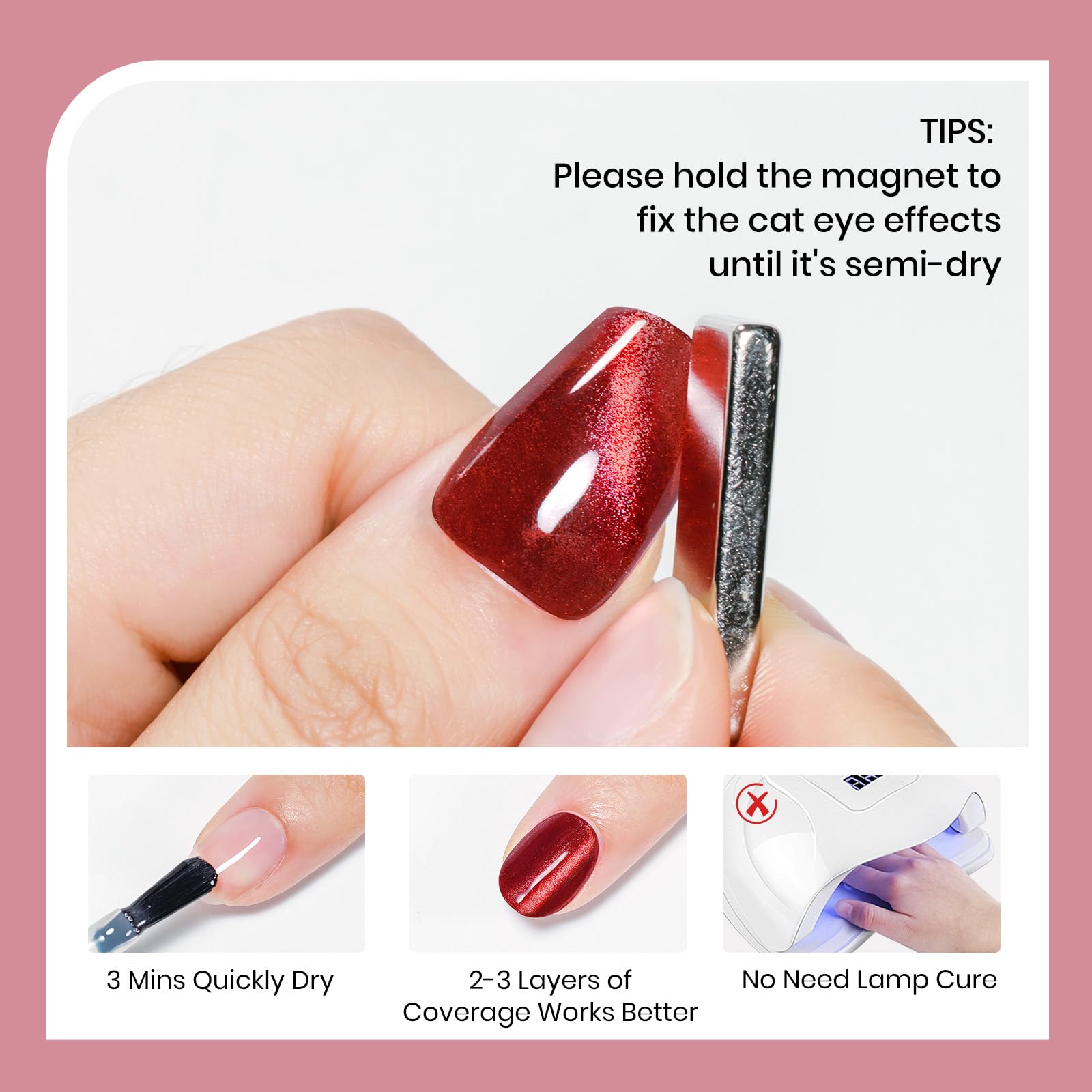 SUPWEE Burgundy Cat Eye Nail Polish air-dries in minutes for quick on-the-go manicures.