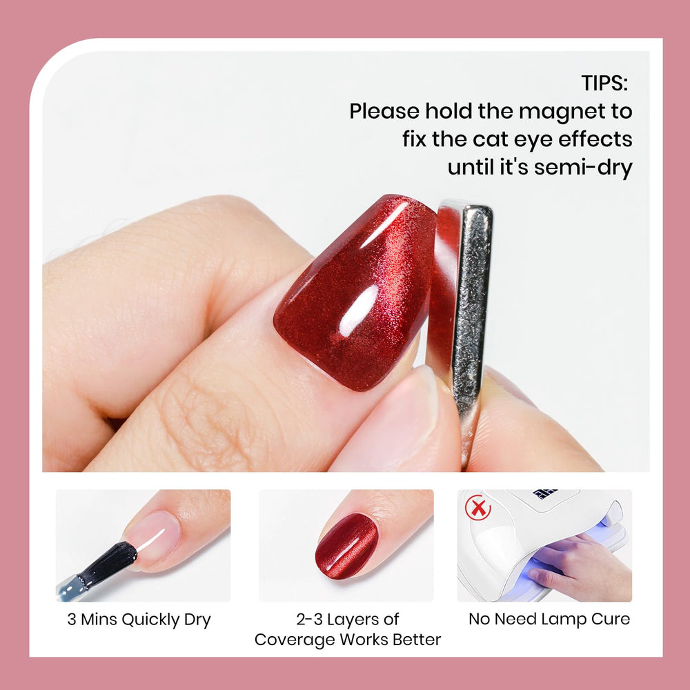 SUPWEE Burgundy Cat Eye Nail Polish air-dries in minutes for quick on-the-go manicures.
