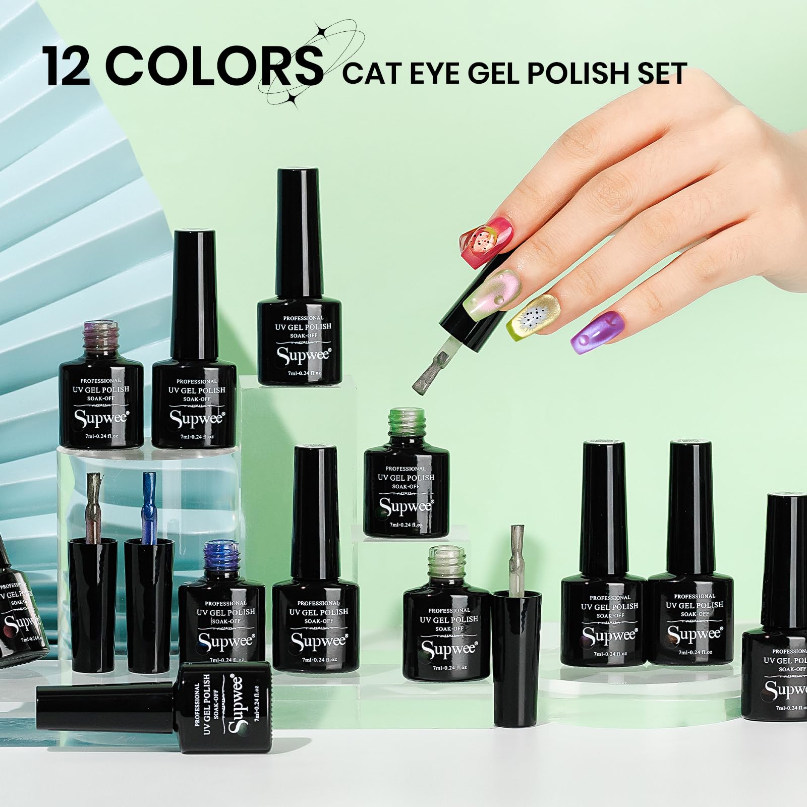 SUPWEE Cat Eye Gel Polish teal fruit finish with cool, mermaid-like cateye glow at home